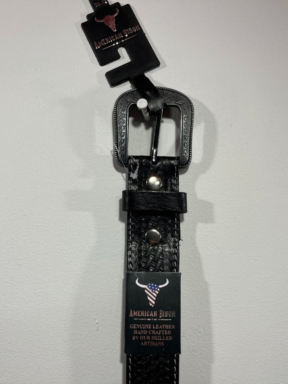 American Bison Men's Black Weave Genuine Leather Belt - Size Small 30-32 - NWT